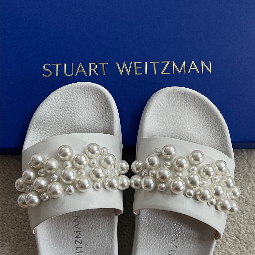 Stuart Weitzman White Pearl Cluster Slide Sandals